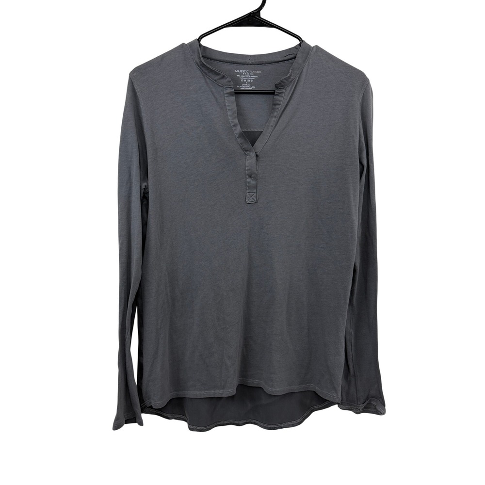 Majestic Filatures Top Womens Size 3 Grey Cotton Cashmere Silk Back Split Neck